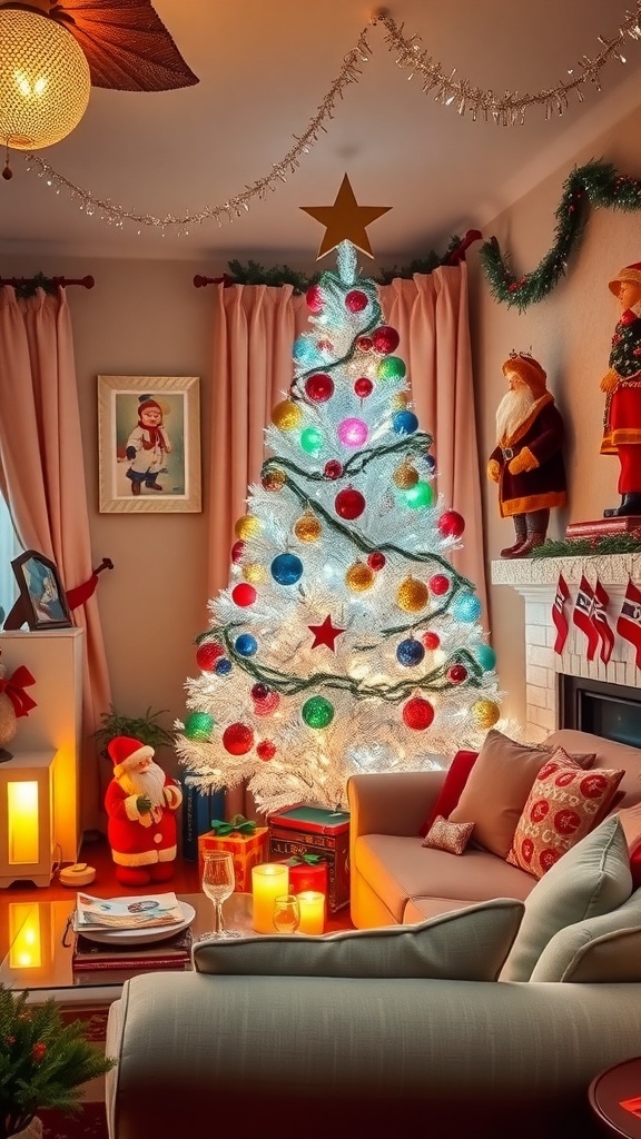 A 1950s styled Christmas living room with an aluminum tree, colorful ornaments, and vintage decorations.